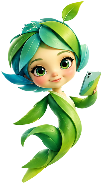 Olaixi, a fairy made of green leaves with turquoise hair, smiling with her phone in hand